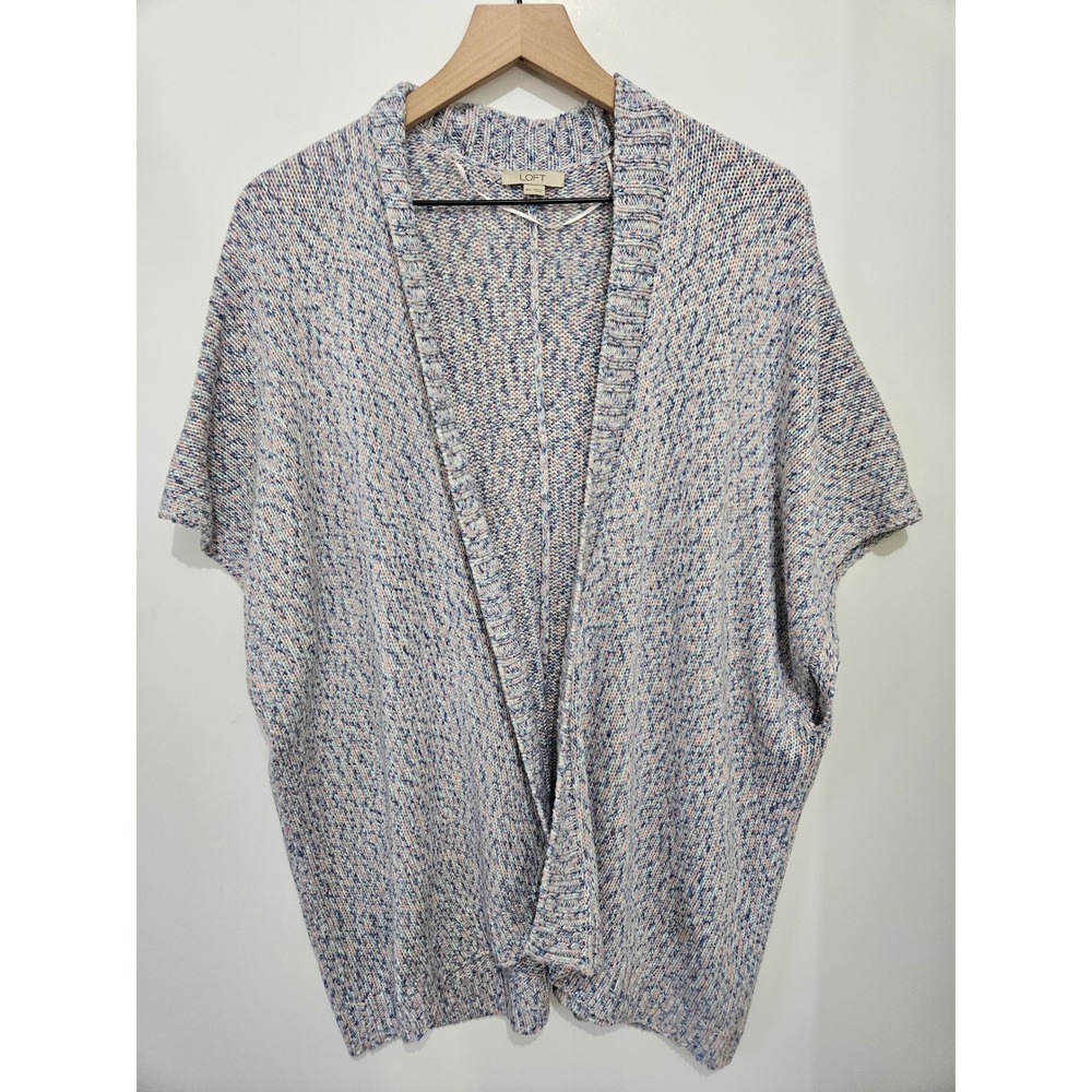 LOFT Marled Knit Open Front‎ Cardigan Sweater Blue Pink White M/L Short Sleeve